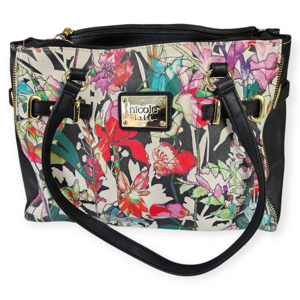 Nicole By Nicole Miller Colorful Floral Print & Black Purse/Bag